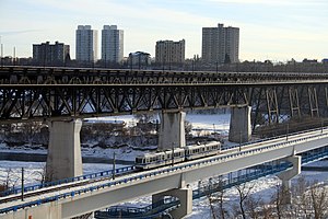 English: A LRT Train crossing the Saskatchewan...