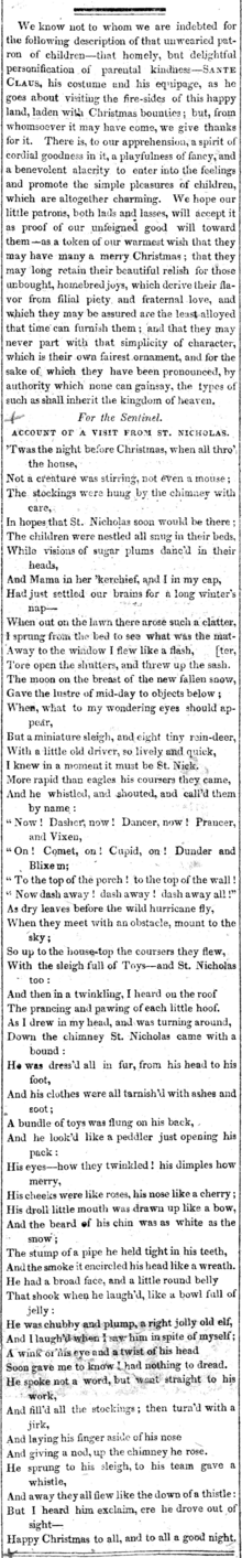 The original publication of "Account of a Visit from St. Nicholas" in the Troy Sentinel, December 23, 1823 A Visit From St Nicholas - Troy Sentinel.png