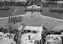 The lieutenant governor of British Columbia announcing Canada's entry into the war on 10 September 1939 Address at Vancouver City Hall to mark Canadas entry into Second World War.jpg