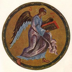 L'Angelo di Matteo, l'unica miniatura conosciuta di Andrei Rublev, dai Vangeli di Khitrovo, c. 1400, contenente ritratti di evangelisti a piena pagina e i primi simboli russi a piena pagina.