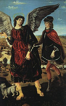 Tobias and the Angel, c. 1465-1470, traditionally given to Antonio, but now to Piero by Galli. Antonio del Pollaiolo - Tobias and the Angel - WGA18047.jpg