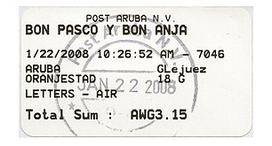 2008: для авиапочтового письма, компания Post Aruba N. V. («Почта Арубы»), поздравительный пасхальный текст на языке папьяменто[^][^]