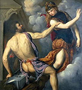 Athena khinh bỉ sự tấn công của Hephaestus (k. 1555–1560), bởi Paris Bordone