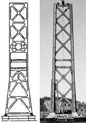 Two images shown side by side for comparison, the first being an engineering sketch of a bridge tower and the second being a monochrome photograph of the tower taken during construction. Apparent differences include bent vertical supports straightened and tilted inwards, and a homogenization of the inner cross members from a complex arrangement to a simple vertical repetition of five large Xes.