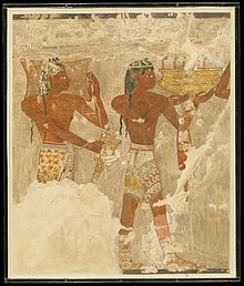 Cretans (Keftiu) bringing gifts to Egypt, in the Tomb of Rekhmire, under Pharaoh Thutmosis III (c. 1479-1425 BC) Cretans Bringing Gifts, Tomb of Rekhmire.jpg