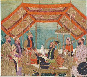 English: Aurangzeb holds court, as painted by ...