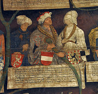 Елизабет от Люксембург (ляво), Албрехт III (средата) и Беатрикс от Нюрнберг (дясно) с техните гербове от 1497 г., Виена