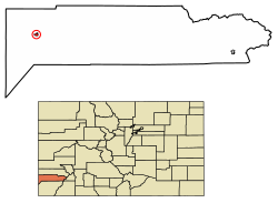 Location of the Town of Dove Creek in Dolores County, Colorado.