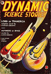 Couverture en couleur d'un magazine, représentant deux vaisseaux spatiaux volant dans l'espace.