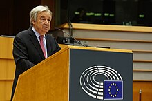 Antonio Guterres has described the milestone as an occasion to celebrate diversity and advancements while considering humanity's shared responsibility for the planet. Guterres at the EP (51269512726).jpg