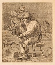 Homme assis fumant la pipe et tenant un broc, Jacques Dassonville, gravure à l'eau-forte, dim.88x75mm, musée des Beaux-Arts de Nancy