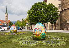 Easter egg sculptures resembling pisanica
in front of the Zagreb Cathedral, Croatia Huevos de Pascua frente a la Catedral de Zagreb, Croacia, 2014-04-13, DD 01.JPG