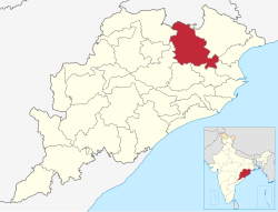 Keonjharin piirikunta Odishan kartalla.
