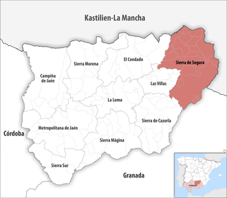 Die Lage der Comarca Sierra de Segura in der Provinz Jaén