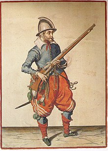 Depiction of a musketeer (1608) Jacob de Gheyn - Wapenhandelinge 4.jpg