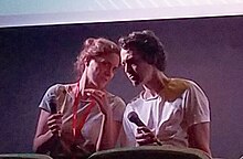 Interpreter (left) next to Swedish filmmaker Johannes Nyholm at Buenos Aires International Festival of Independent Cinema 2019 Johannes Nyholm presenting Koko-di Koko-da at BAFICI 2019.jpg