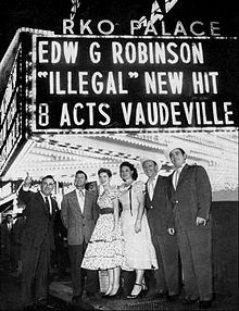 Publicity shot of RKO Palace marquee, still advertising "vaudeville", c. 1955 Kitty Wells Johnnie and Ruby Wright Jack Anglin Roy Acuff RKO Palace New York 1955.jpg