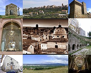 From right: Convento Sant'Onofrio, view of Lanciano's historical center, Torri Montanare, Eucharistic Miracle, view of historical center of Lanciano (Quartiere Civitanova), Fountain of Borgo, Church of Santa Maria Maggiore, the village of Villa Elce and the Basilica of Santa Maria del Ponte