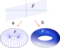 The linear foliation
F
~
{\displaystyle {\mathcal {\tilde {F}}}}
on R passes to the foliation
F
{\displaystyle {\mathcal {F}}}
on T . a) the slope is rational (linear foliation); b) the slope is irrational (Kronecker foliation). Linear torus.png