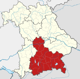 Oberbayerns läge i Bayern.