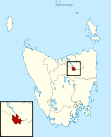 Map of the Tasmanian Legislative Council divisions, Launceston highlighted in crimson.