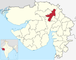 Mehsanan piirikunta Gujaratin kartalla.