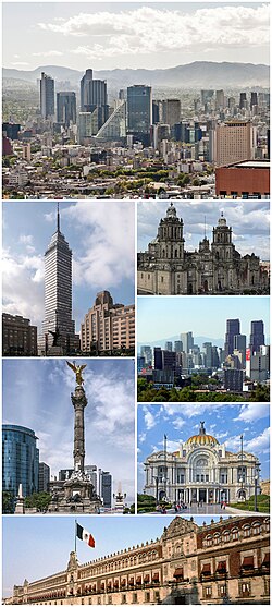 Clockwise from top: skyline of Paseo de la Reforma, Mexico City Metropolitan Cathedral, skyline of Polanco, Palacio de Bellas Artes, National Palace, Angel of Independence, and Torre Latinoamericana