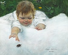 A little girl catching a beetle on the white quilt by Olga Beggrow-Hartmann