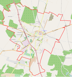 Mapa konturowa Ostrzeszowa, w centrum znajduje się punkt z opisem „Pomnik Harcerski w Ostrzeszowie”