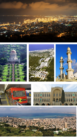 From upper left: Night view of Haifa from Mount Carmel; Baháʼí World Centre; aerial view of the Haifa University; Ahmadiyya Mahmood Mosque; the حئیفا متروسو; National Museum of Science, Technology, and Space; day view of Haifa from Mount Carmel.