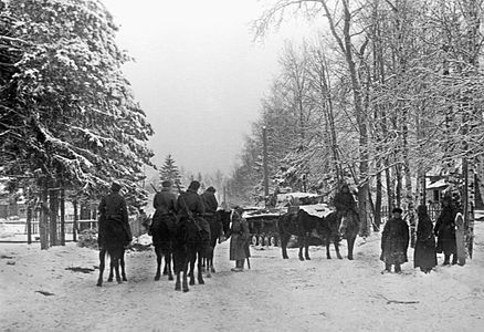 Конный патруль на улице деревни Крюково под Москвой (20 декабря 1941)