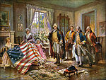 Betsy Ross depicted with American flag