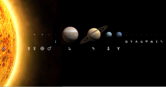 A representative image of the Solar System with sizes, but not distances, to scale