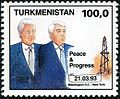 Nijazov eta Bill Clinton presidenteak Turkmenistango zigiluan (1993)