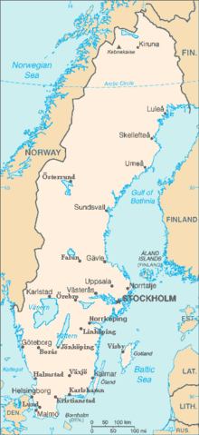 A map of Sweden with largest cities and lakes