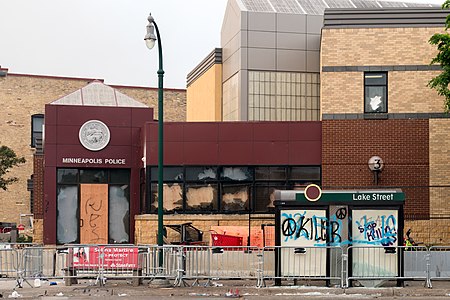 The 3rd Police Precinct building on Thursday morning after a night of protests in the area in Minneapolis, Minnesota