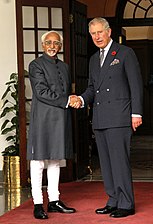 The Prince Charles of Wales meeting the Vice President, Shri Mohd. Hamid Ansari, in New Delhi on November 08, 2013