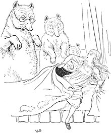 A black and white hand-drawn image of the three bears discovering Goldilocks asleep in their home. Goldilocks is fleeing the scene