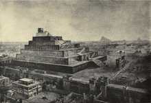 "The Walls of Babylon and the Temple of Bel (Or Babel)", by 19th-century illustrator William Simpson - influenced by early archaeological investigations The walls of Babylon and the temple of Bel.png