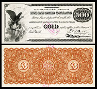 Золотой сертификат на 500 долларов, серия 1865, Fr.1166d, с виньеткой с изображением орла и щита (слева) и правосудия (внизу в центре).
