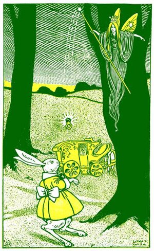 Green and yellow etching of a fairy with a wan...
