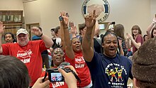 Volkswagen workers celebrating in Chattanooga, TN after a successful UAW vote on April 19, 2024. Volkswagen union election.jpg