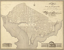 1818 map shows the Washington Bridge, here labeled the "Potomac Bridge," between the words "Potomac" and "River". Washington 1818.jpg