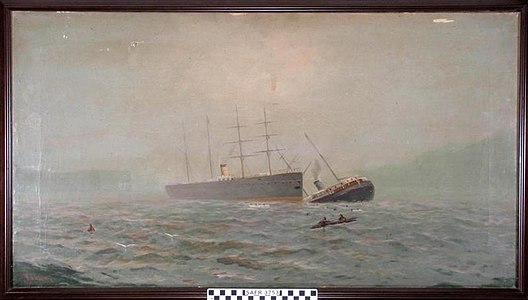 Oil painting by Robert Gilbert of the collision of Oceanic and City of Chester near Fort Point in 1888