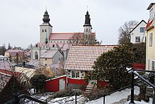 View towards St Mary's Cathedral in Visby, Sweden. Visby is one of the most well-preserved former Hanseatic cities in Sweden and a UNESCO World Heritage Site. Today it is the seat of Gotland Municipality. Ovre Finngrand 7 Sta Maria 29 Visby Gotland.jpg