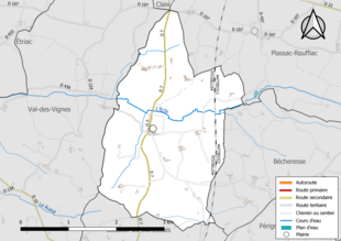 Carte en couleur présentant le réseau hydrographique de la commune