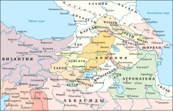 Map of the southern Caucasus and the area of eastern Turkey and northern Iraq and Syria. Greater Armenia in the center with minor Caucasian principalities to its northeast, the Byzantines to the west and the Abbasid caliphate to the south and east.