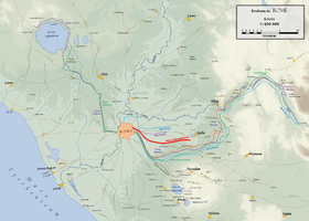 Plan du Latium antique avec l'Aqua Alexandriana en rouge.