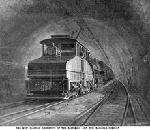 EL-1 Electric locomotive of the Baltimore Belt Line, US 1895: The steam locomotive was not detached for passage through the tunnel. The overhead conductor was a [?] section bar at the highest point in the roof, so a flexible, flat pantograph was used B&O 1895 loco.png