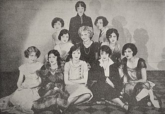 Eleven nicely dressed young women that were chosen as the Western American Motion Picture Association Stars of 1925 are seated in a pyramid formation from the floor up